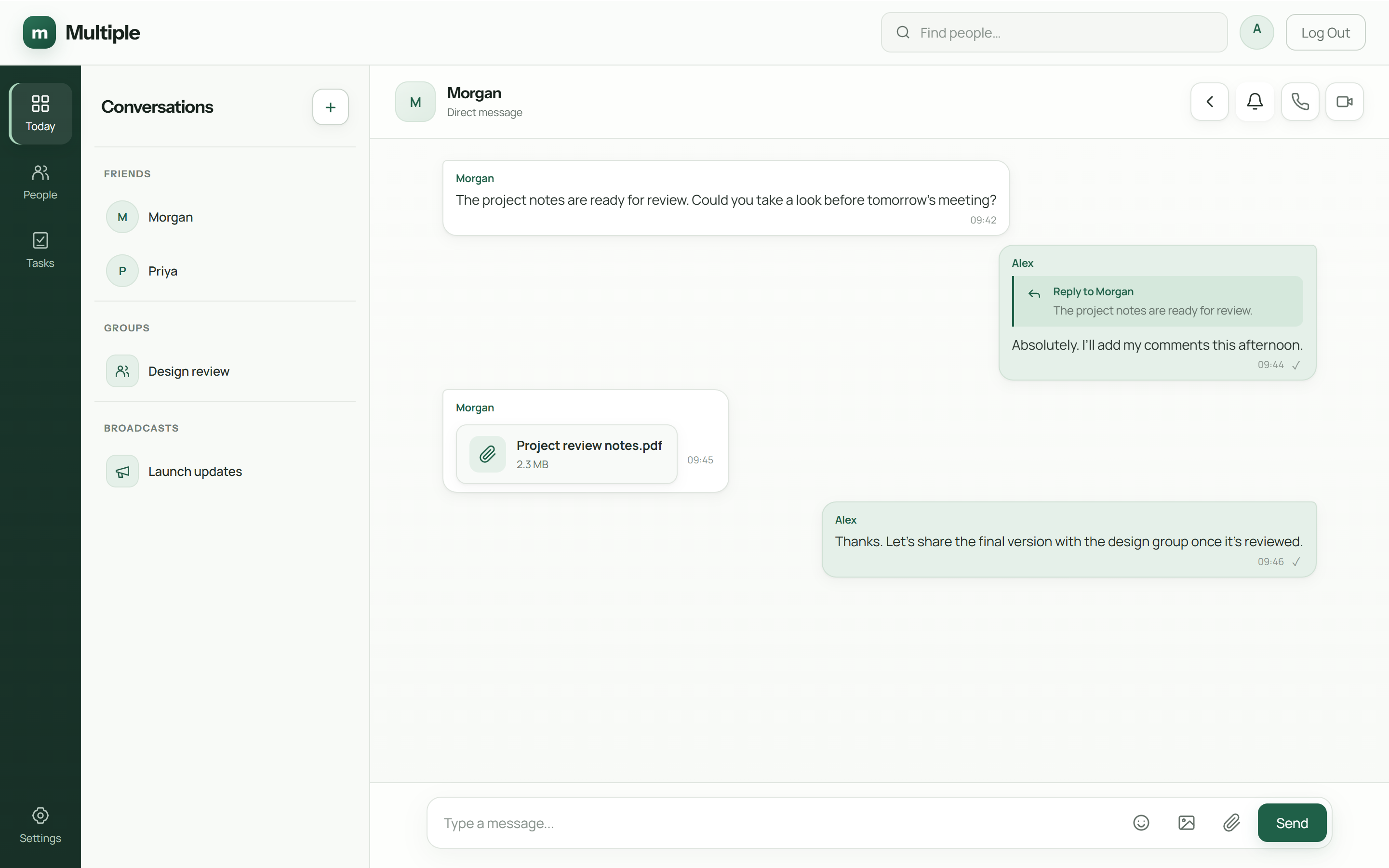 Real Multiple desktop interface with a direct conversation, reply context and shared document
